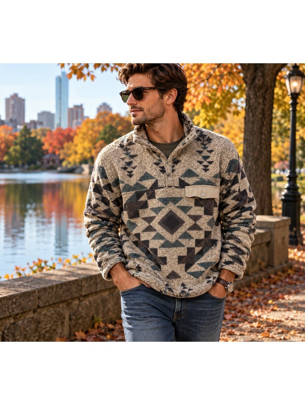 Lucky Brand Grey Label Southwestern Fleece Pullover Men’s S Snap Neck Aztec